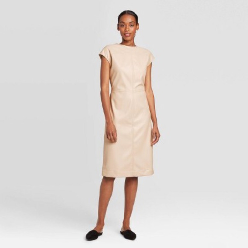 Faux Leather Beige Midi Dress